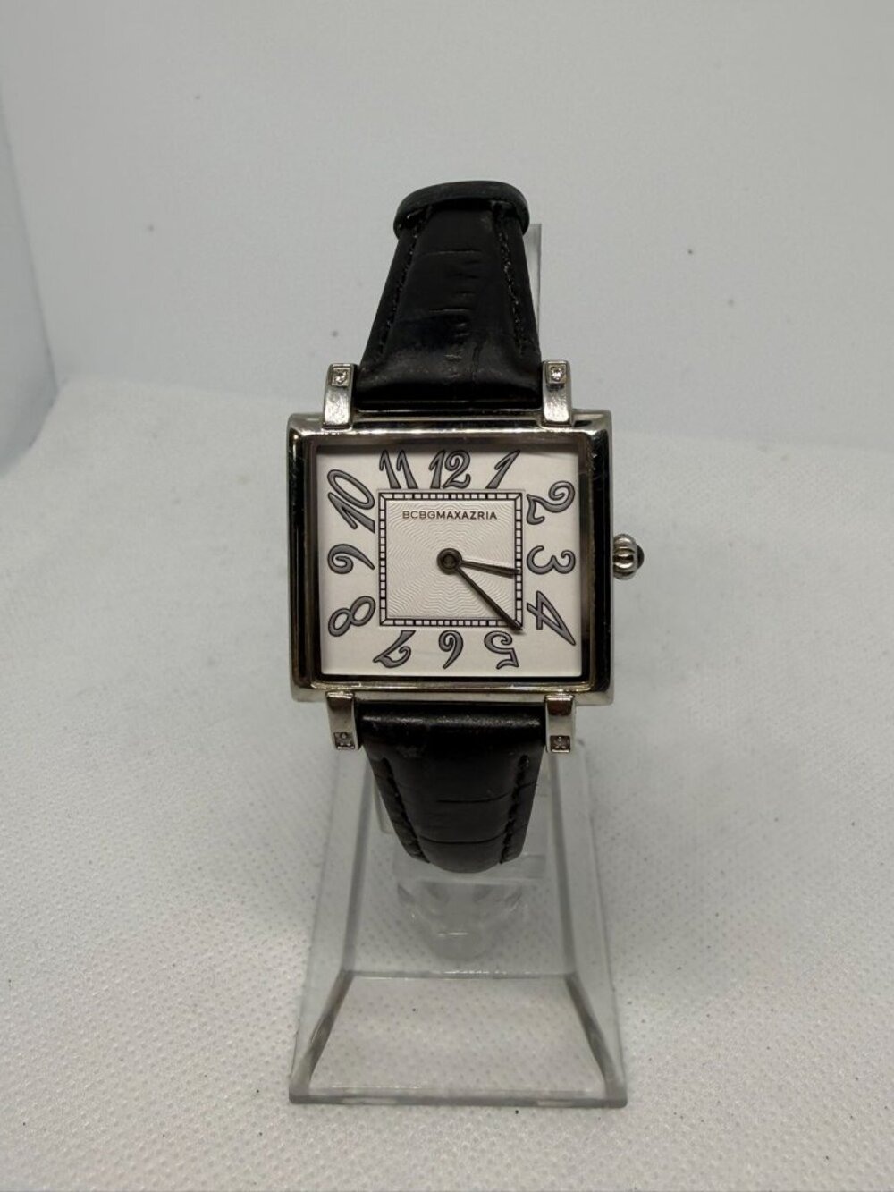 BCBGMAXAZRIA BG6020 Women's Silver-Tone Square Case Black Leather Quartz Watch